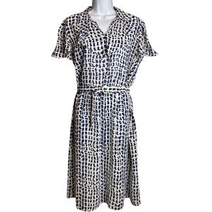 Vintage ifi Womens Midi Shirt Dress Sz 12P Navy White Print Short Sleeve Mad Men